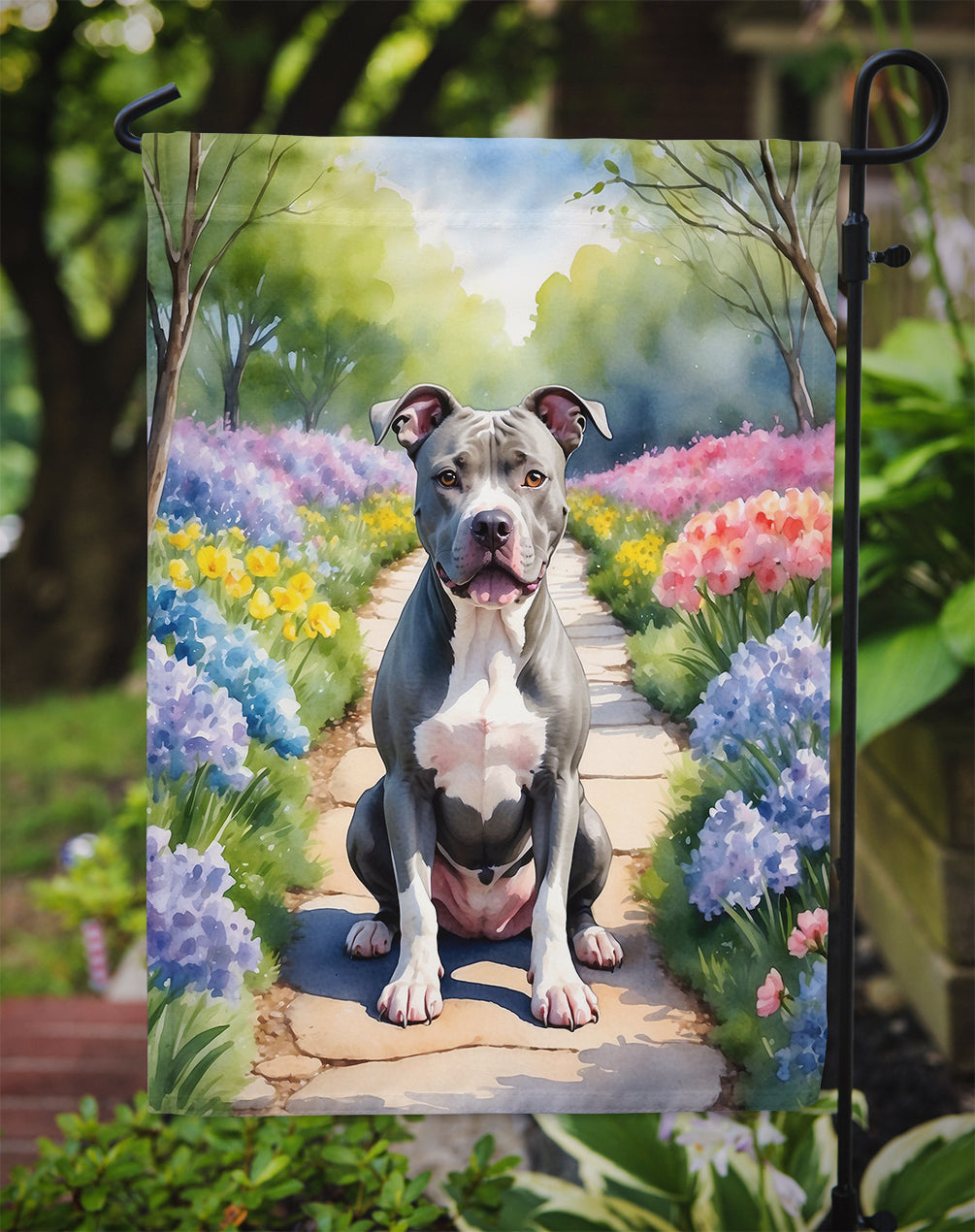 Pit Bull Terrier Spring Path Garden Flag Mailbox Decorative Yard Banner Outside Patio Artwork for Flower Beds, Garden Size, Multicolor