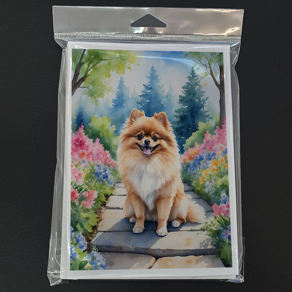 Pomeranian Spring Path Greeting Cards Pack of 8 Blank Cards with Envelopes Whimsical A7 Size 5x7