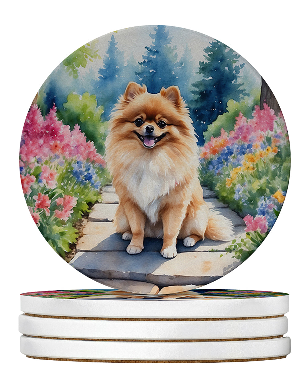 Pomeranian Spring Path Large Sandstone Coasters Pack of 4 Absorbent Round Coasters Decor Gifts for Men or Women, 4 in, Multicolor