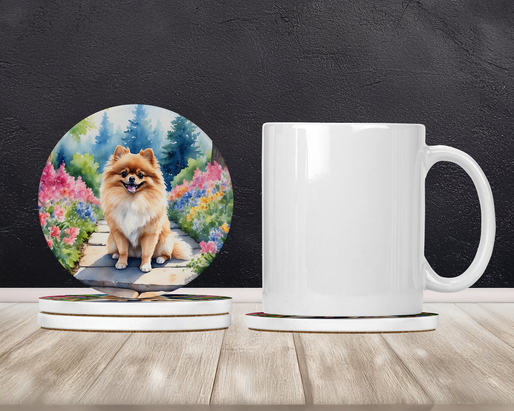 Pomeranian Spring Path Large Sandstone Coasters Pack of 4 Absorbent Round Coasters Decor Gifts for Men or Women, 4 in, Multicolor