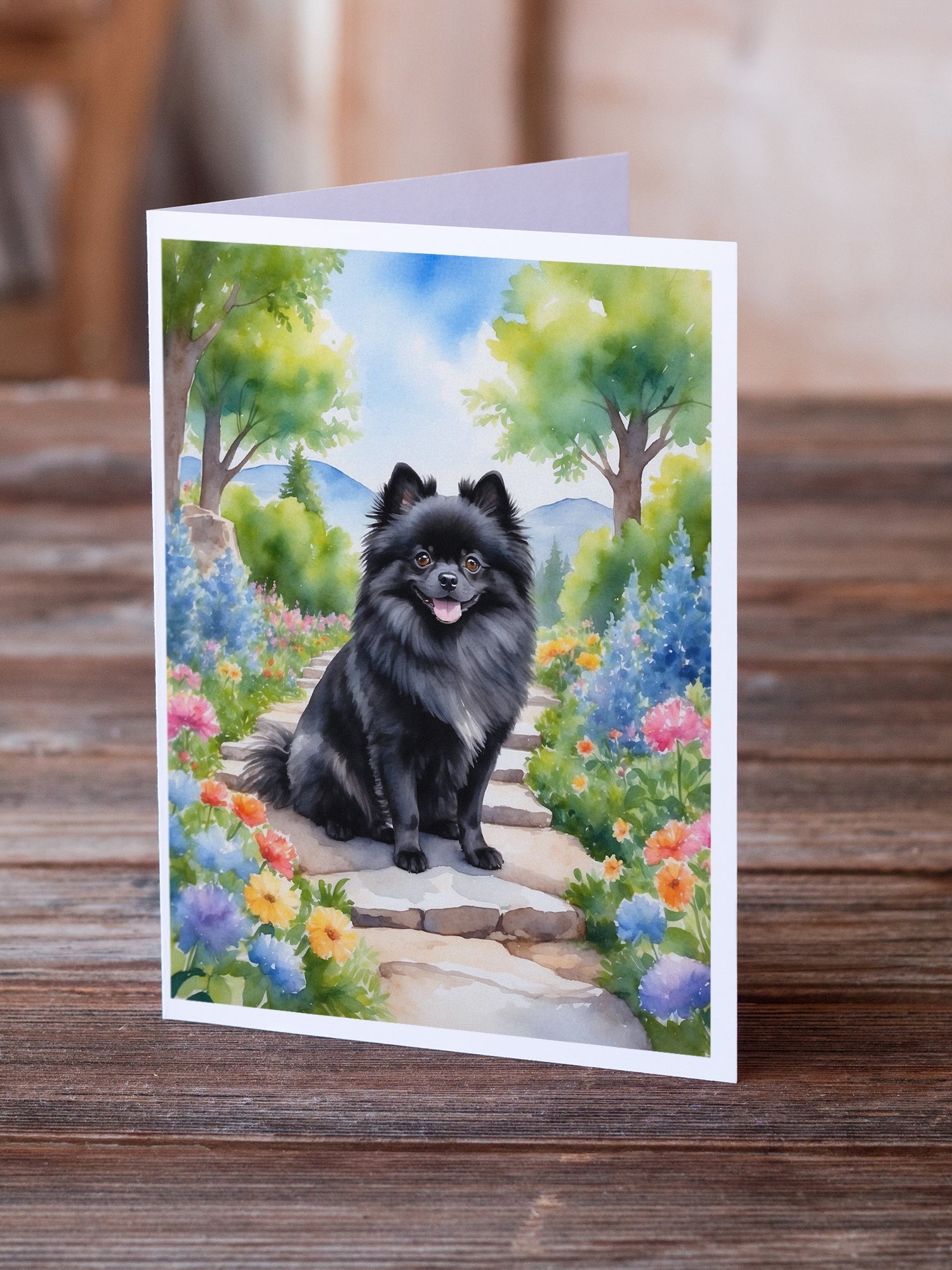 Pomeranian Spring Path Greeting Cards Pack of 8 Blank Cards with Envelopes Whimsical A7 Size 5x7