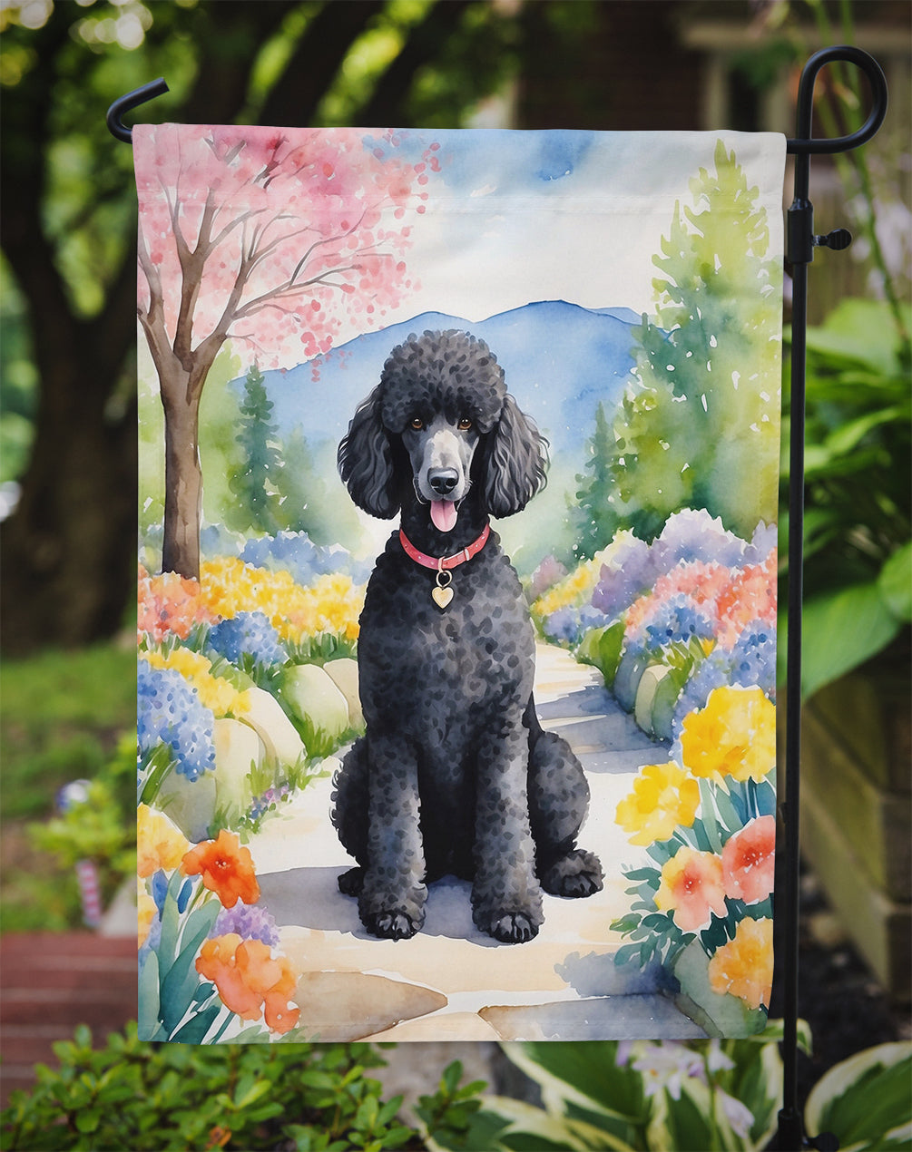 Black Poodle Spring Path Garden Flag Mailbox Decorative Yard Banner Outside Patio Artwork for Flower Beds, Garden Size, Multicolor