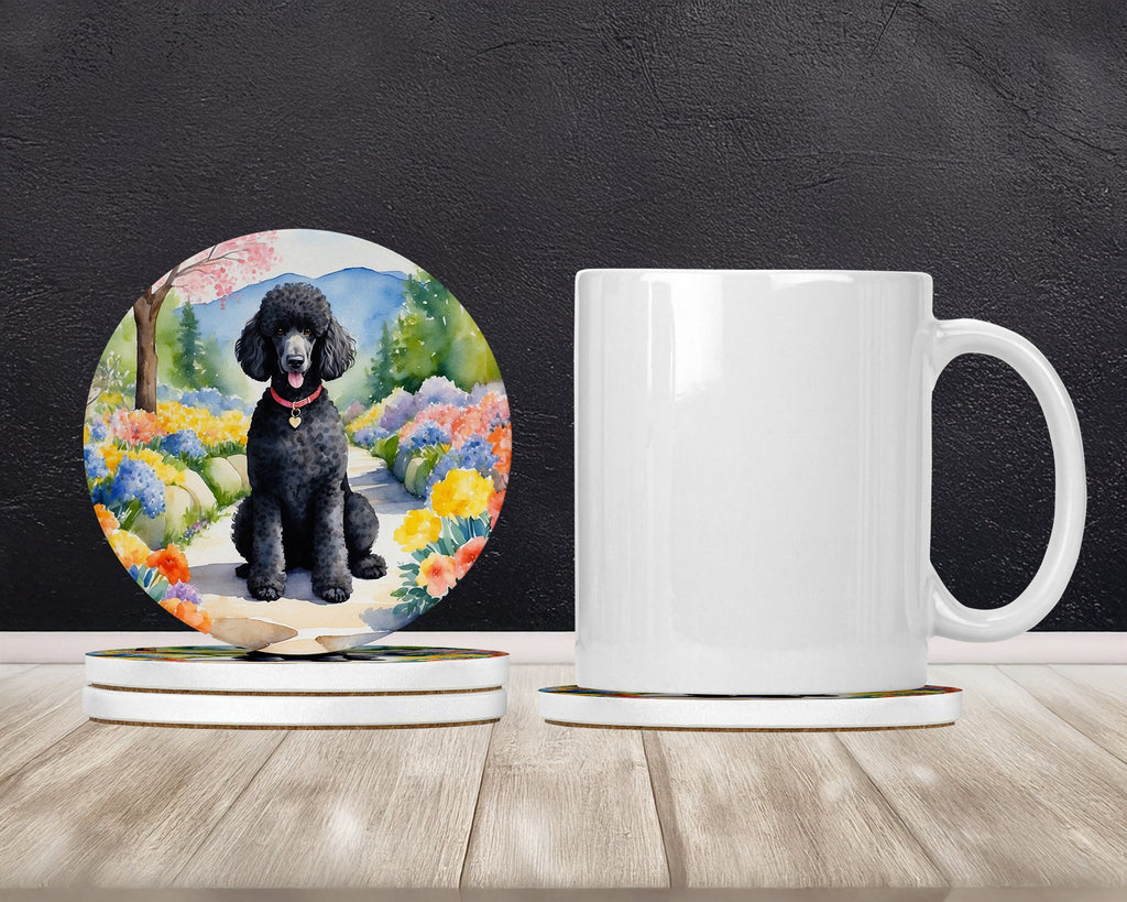 Black Poodle Spring Path Large Sandstone Coasters Pack of 4 Absorbent Round Coasters Decor Gifts for Men or Women, 4 in, Multicolor