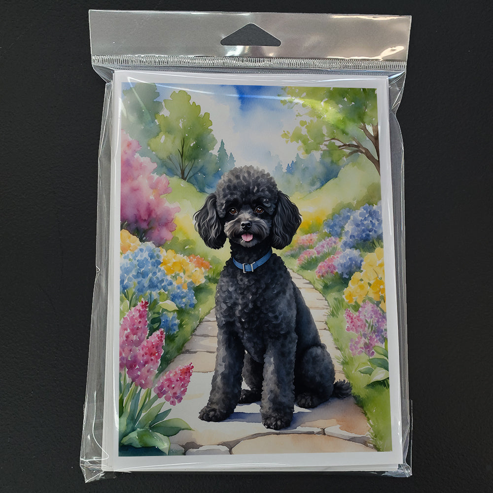 Black Poodle Spring Path Greeting Cards Pack of 8 Blank Cards with Envelopes Whimsical A7 Size 5x7
