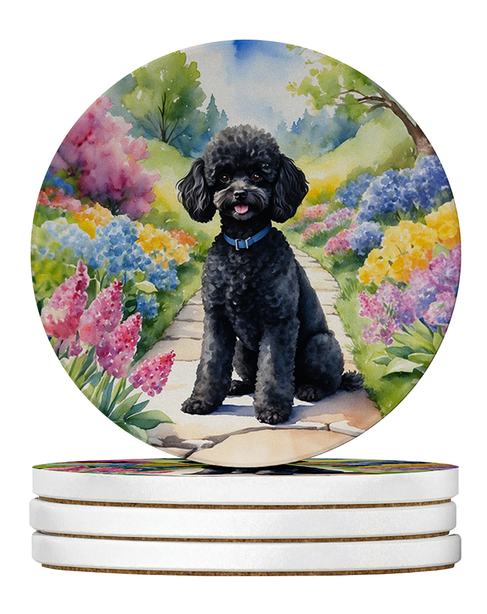 Black Poodle Spring Path Large Sandstone Coasters Pack of 4 Absorbent Round Coasters Decor Gifts for Men or Women, 4 in, Multicolor