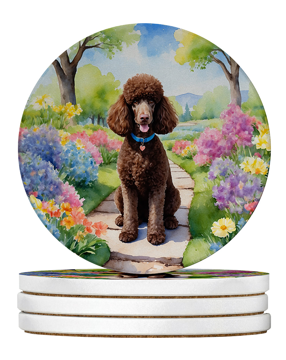 Chocolate Poodle Spring Path Large Sandstone Coasters Pack of 4 Absorbent Round Coasters Decor Gifts for Men or Women, 4 in, Multicolor
