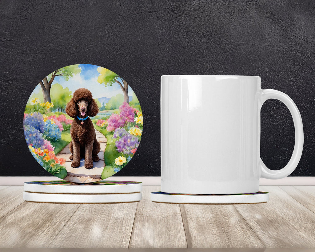 Chocolate Poodle Spring Path Large Sandstone Coasters Pack of 4 Absorbent Round Coasters Decor Gifts for Men or Women, 4 in, Multicolor