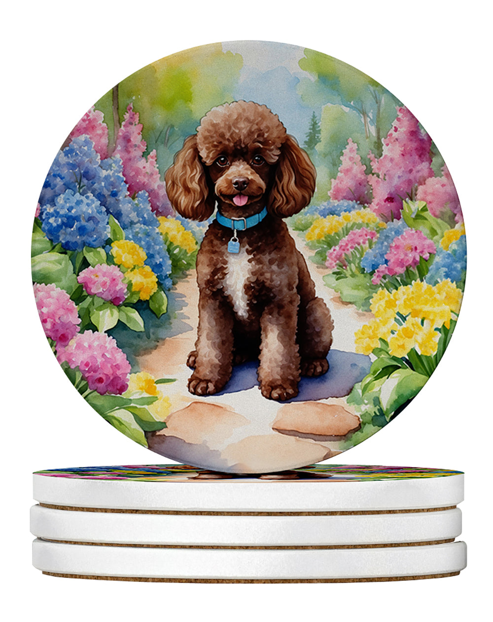 Chocolate Poodle Spring Path Large Sandstone Coasters Pack of 4 Absorbent Round Coasters Decor Gifts for Men or Women, 4 in, Multicolor