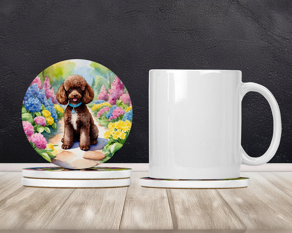 Chocolate Poodle Spring Path Large Sandstone Coasters Pack of 4 Absorbent Round Coasters Decor Gifts for Men or Women, 4 in, Multicolor