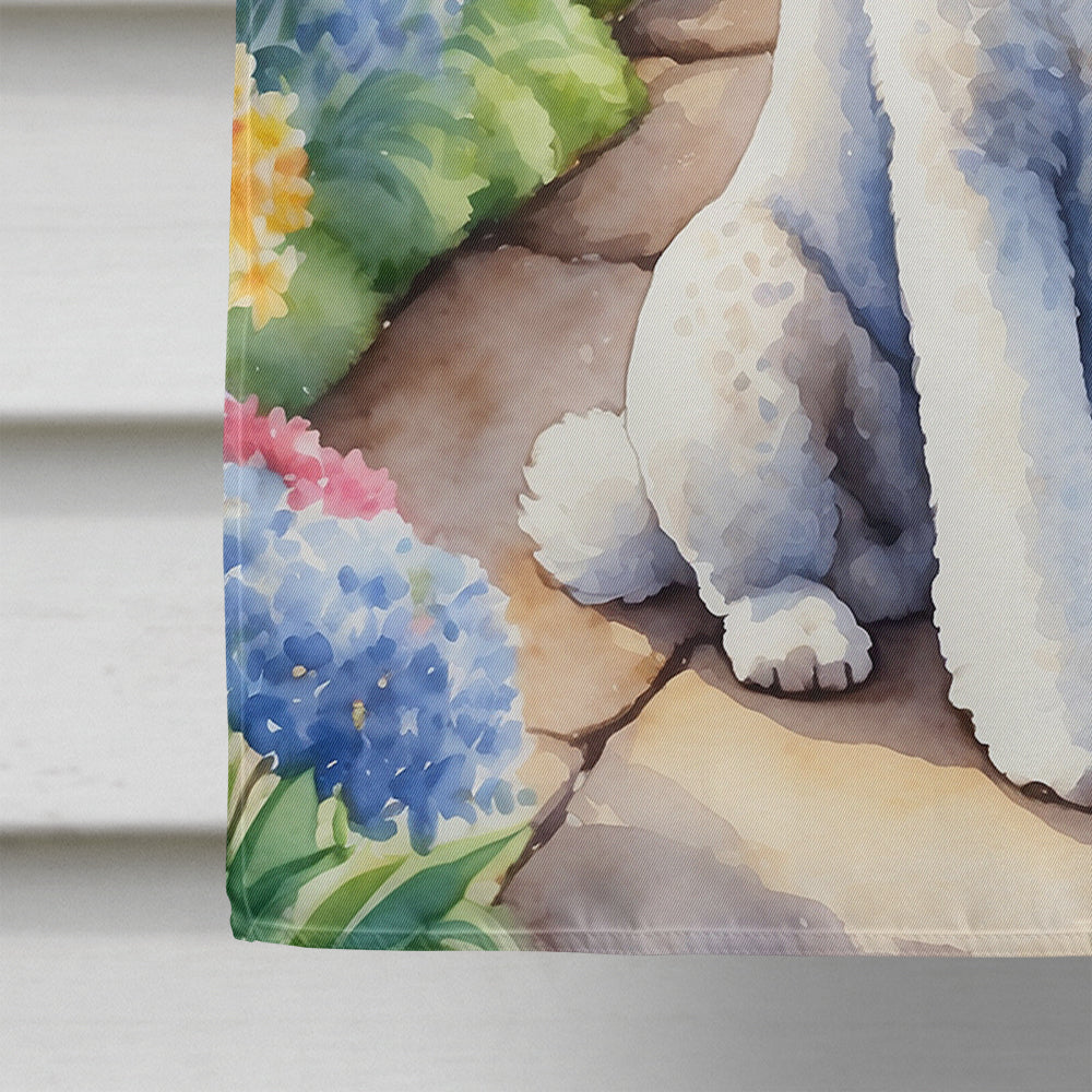 White Poodle Spring Path House Flag 28x40 Porch Sleeve Pole Decorative Outside Yard Banner Artwork Wall Hanging, Polyester