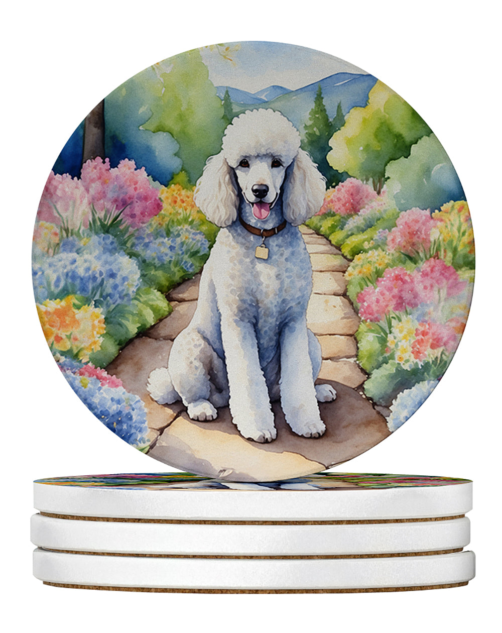 White Poodle Spring Path Large Sandstone Coasters Pack of 4 Absorbent Round Coasters Decor Gifts for Men or Women, 4 in, Multicolor