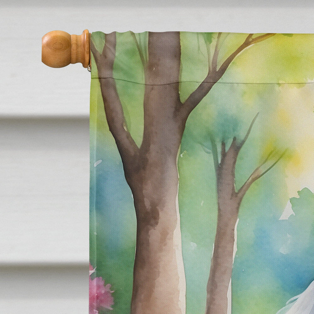 White Poodle Spring Path House Flag 28x40 Porch Sleeve Pole Decorative Outside Yard Banner Artwork Wall Hanging, Polyester