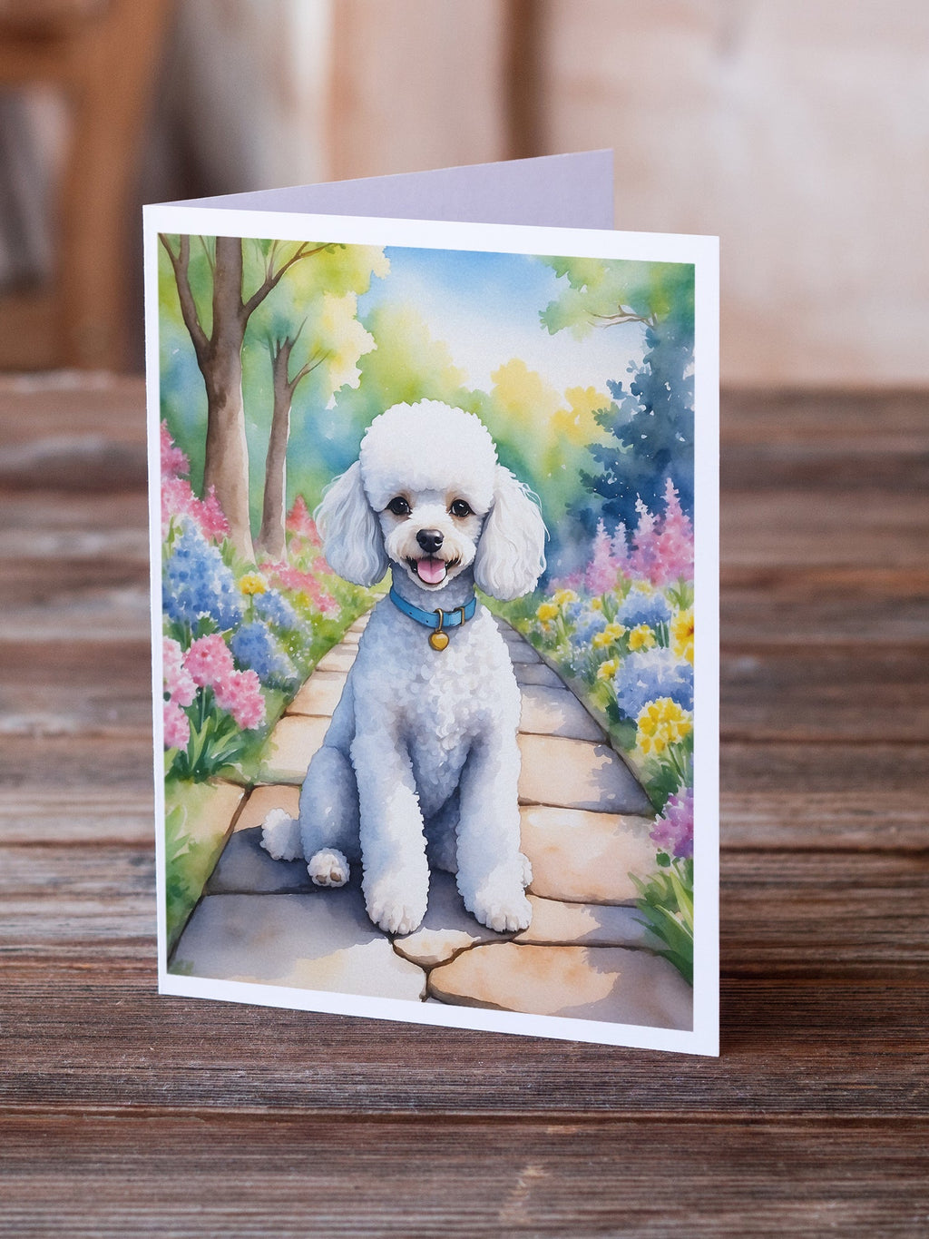 White Poodle Spring Path Greeting Cards Pack of 8 Blank Cards with Envelopes Whimsical A7 Size 5x7