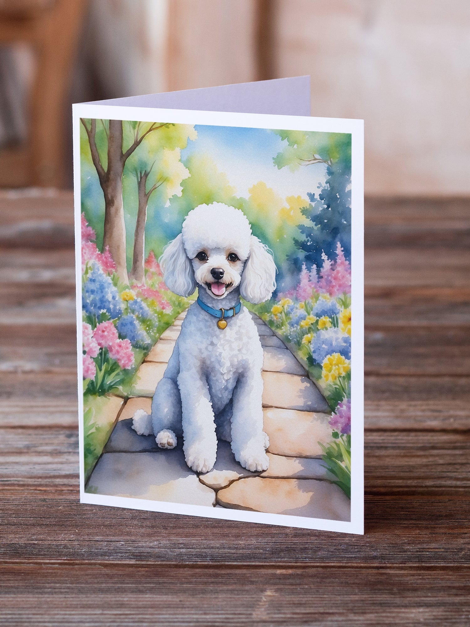 White Poodle Spring Path Greeting Cards Pack of 8 Blank Cards with Envelopes Whimsical A7 Size 5x7