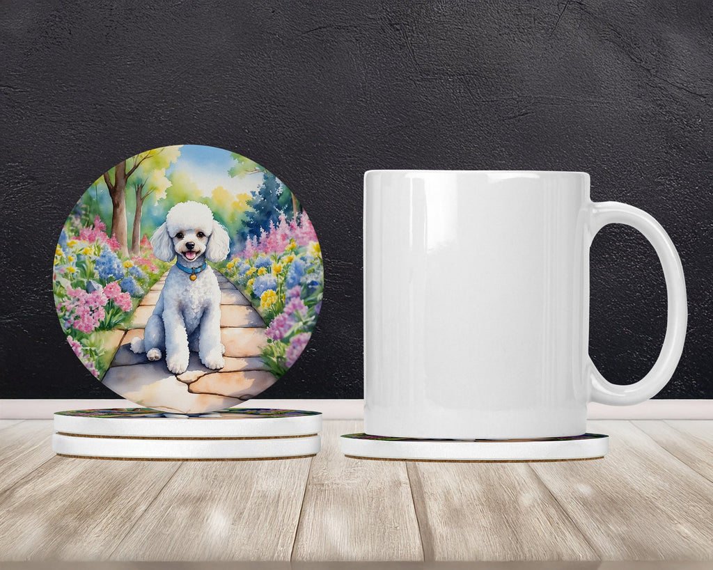 White Poodle Spring Path Large Sandstone Coasters Pack of 4 Absorbent Round Coasters Decor Gifts for Men or Women, 4 in, Multicolor