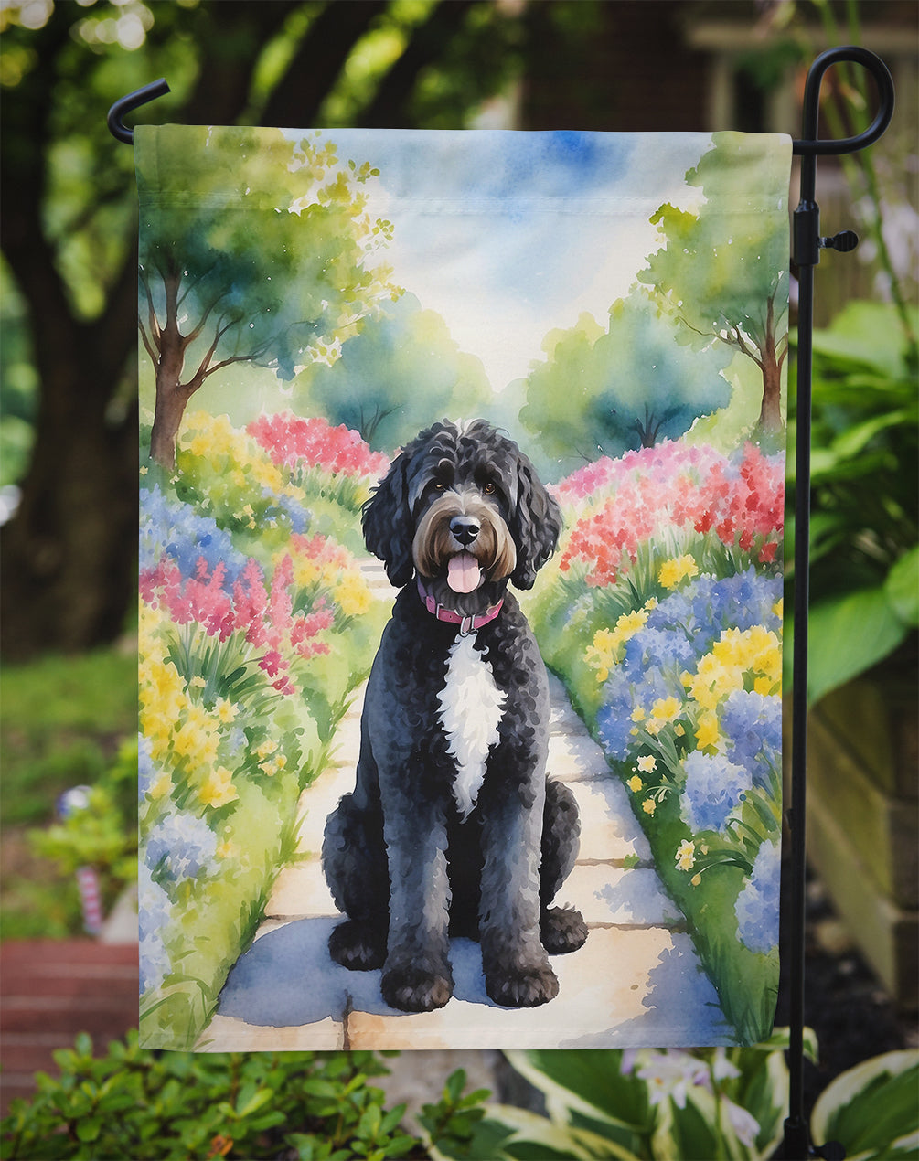 Portuguese Water Dog Spring Path Garden Flag Mailbox Decorative Yard Banner Outside Patio Artwork for Flower Beds, Garden Size, Multicolor