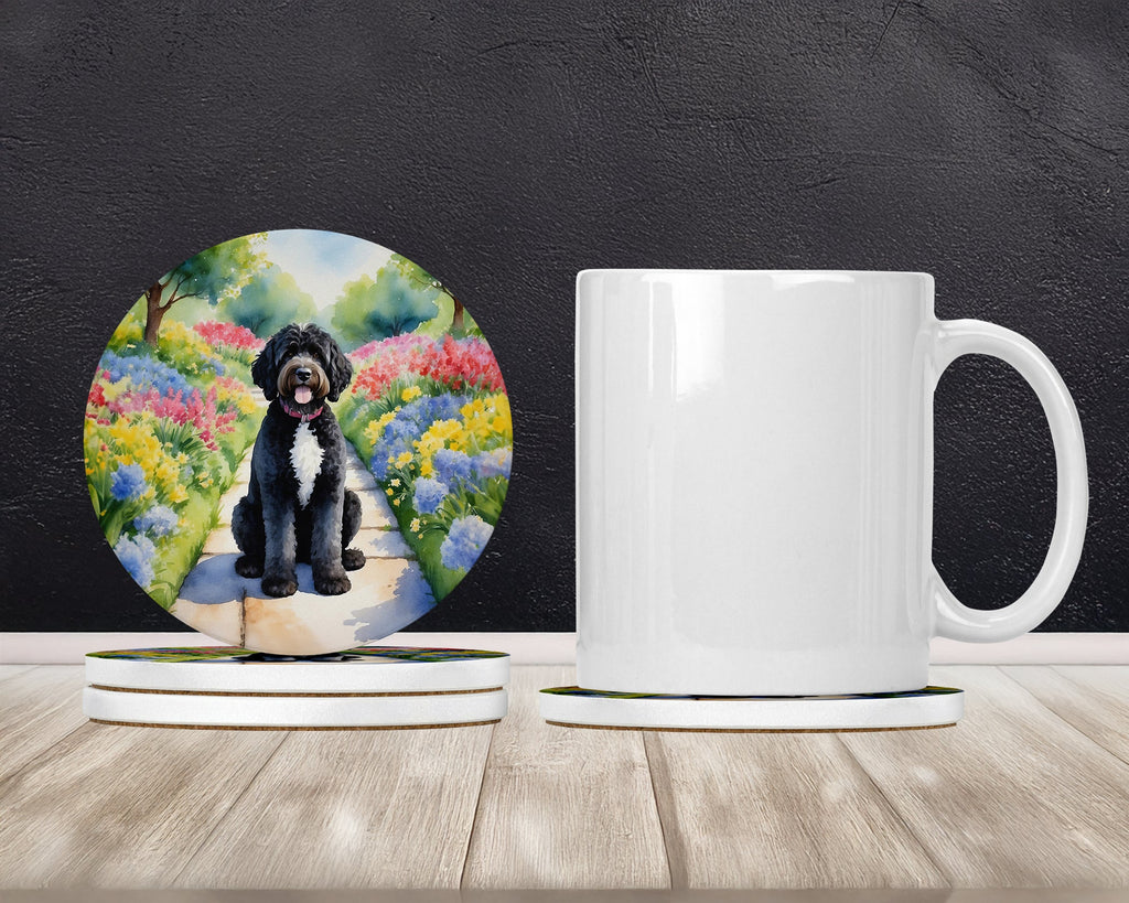 Portuguese Water Dog Spring Path Large Sandstone Coasters Pack of 4 Absorbent Round Coasters Decor Gifts for Men or Women, 4 in, Multicolor