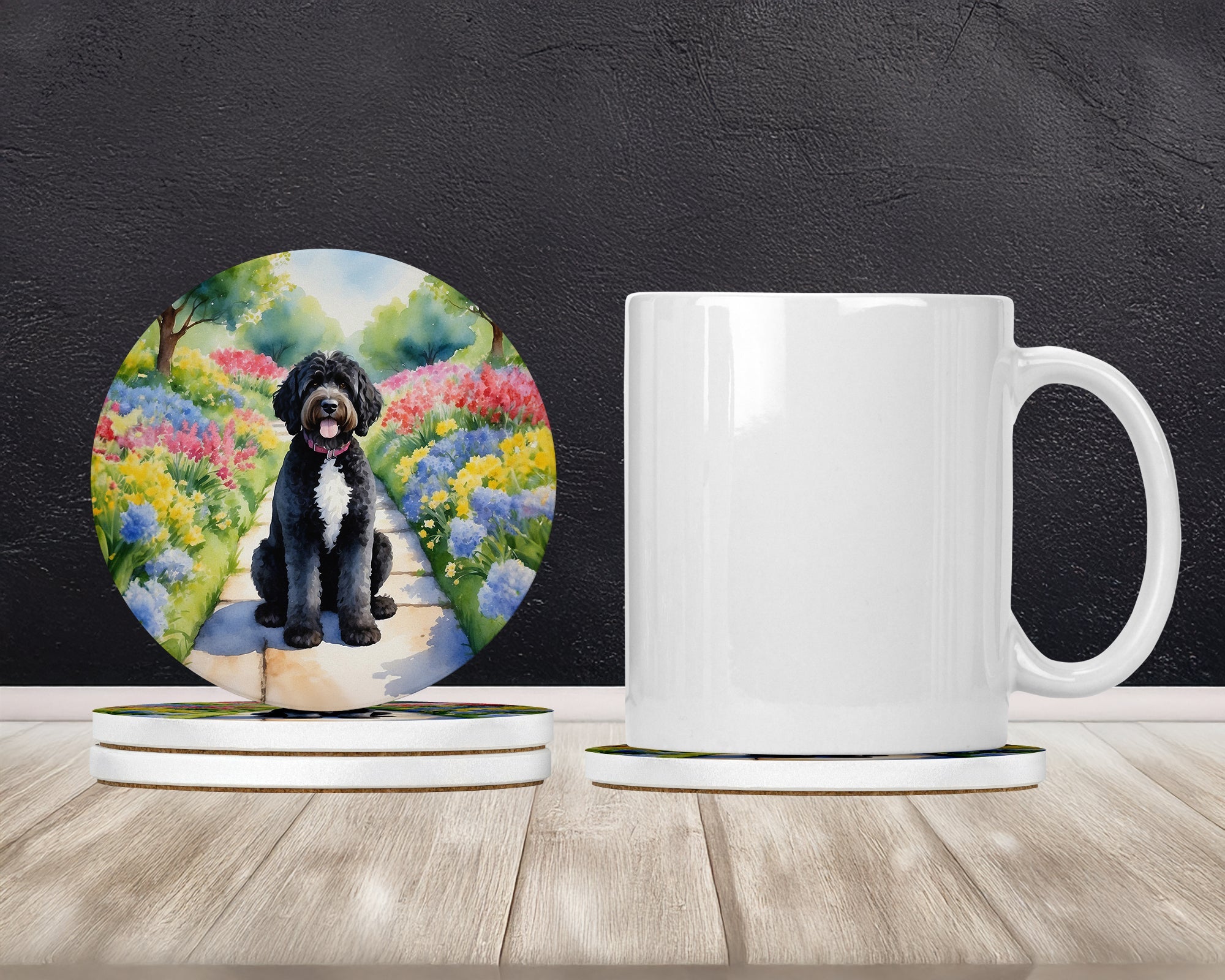Portuguese Water Dog Spring Path Large Sandstone Coasters Pack of 4 Absorbent Round Coasters Decor Gifts for Men or Women, 4 in, Multicolor