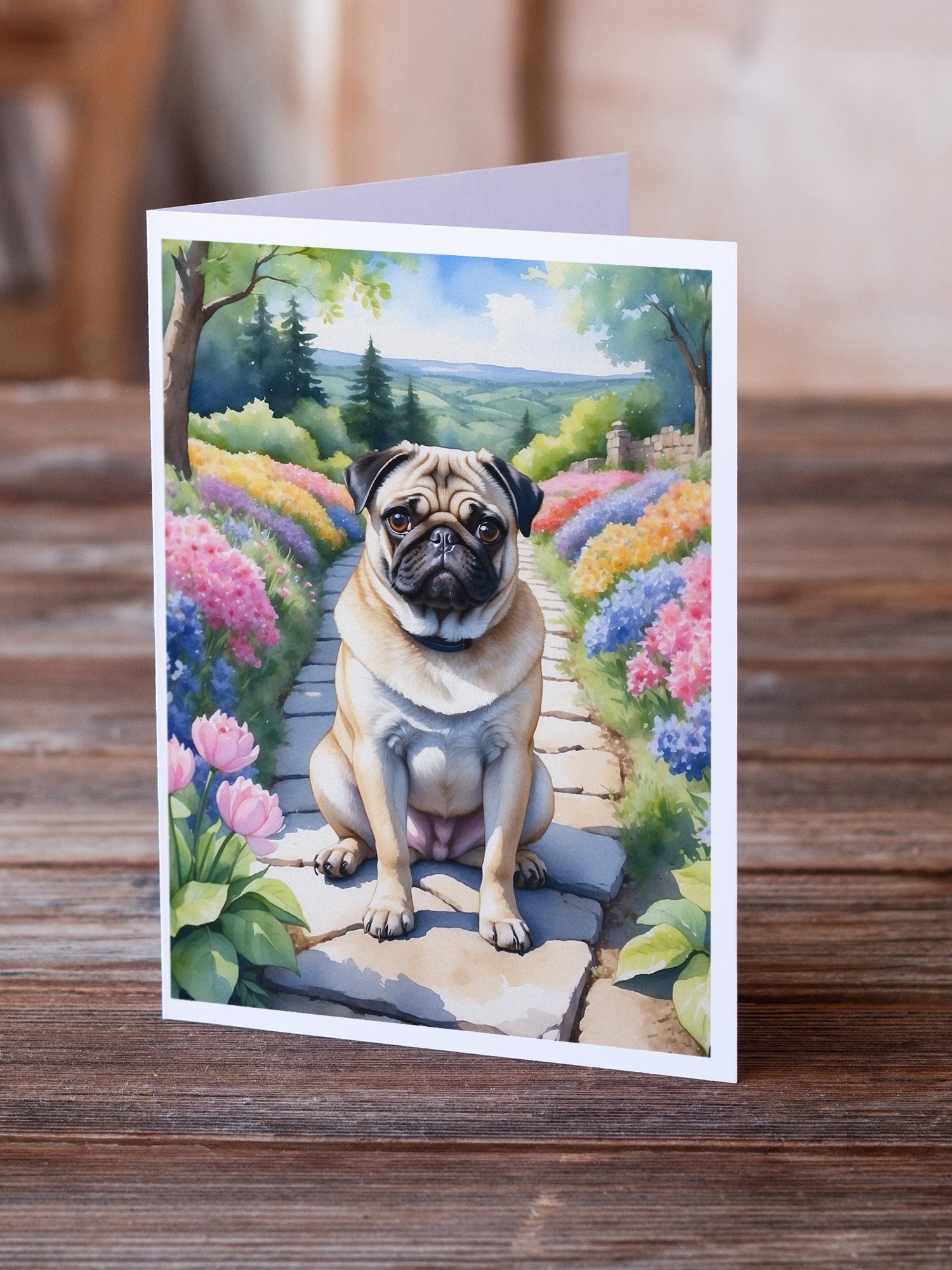 Pug Spring Path Greeting Cards Pack of 8 Blank Cards with Envelopes Whimsical A7 Size 5x7