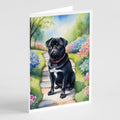 Black Pug Spring Path Greeting Cards Pack of 8 Blank Cards with Envelopes Whimsical A7 Size 5x7