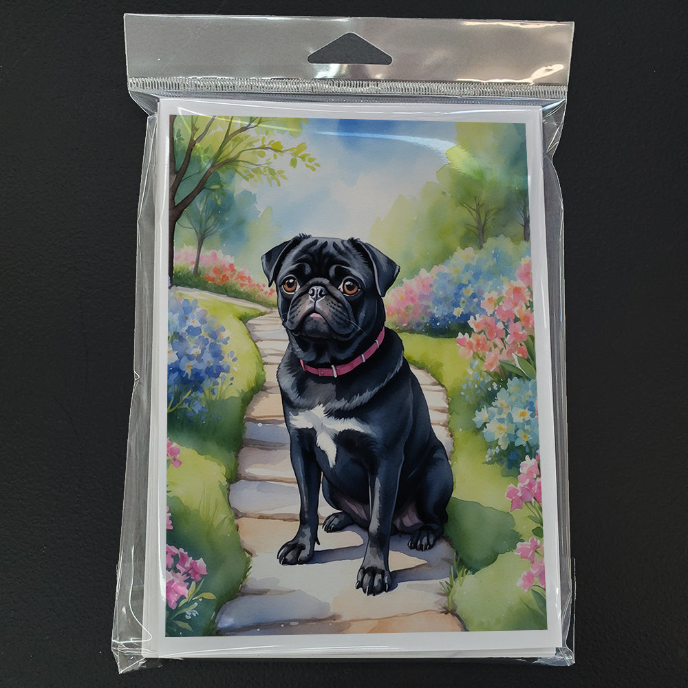 Black Pug Spring Path Greeting Cards Pack of 8 Blank Cards with Envelopes Whimsical A7 Size 5x7