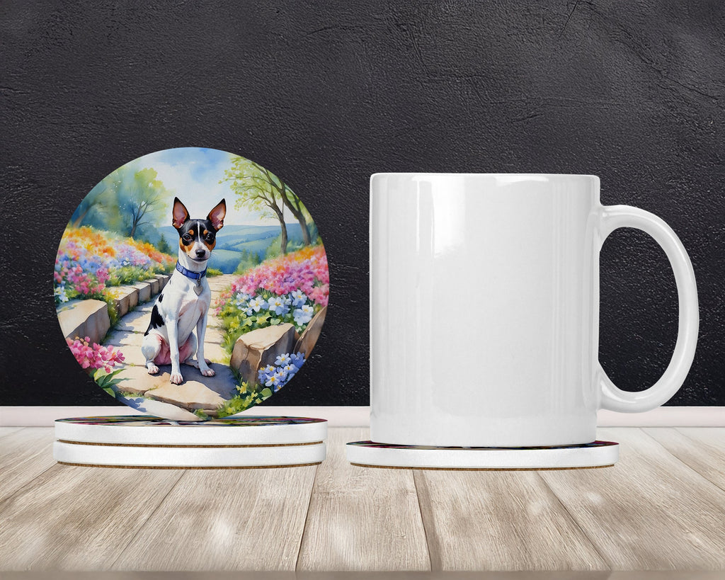 Rat Terrier Spring Path Large Sandstone Coasters Pack of 4 Absorbent Round Coasters Decor Gifts for Men or Women, 4 in, Multicolor