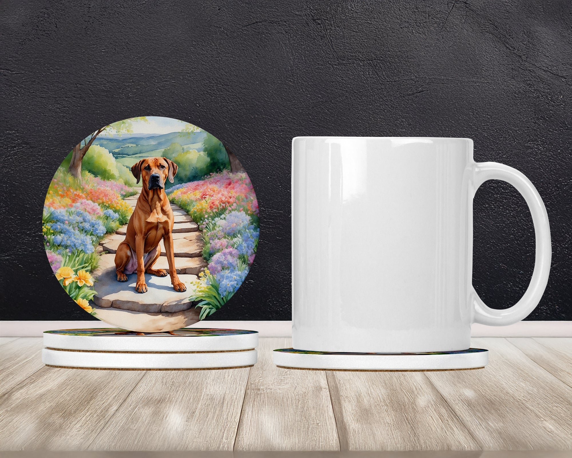 Rhodesian Ridgeback Spring Path Large Sandstone Coasters Pack of 4 Absorbent Round Coasters Decor Gifts for Men or Women, 4 in, Multicolor