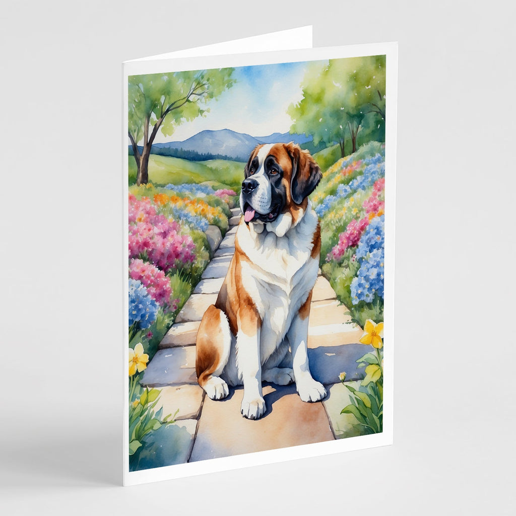 Saint Bernard Spring Path Greeting Cards Pack of 8 Blank Cards with Envelopes Whimsical A7 Size 5x7
