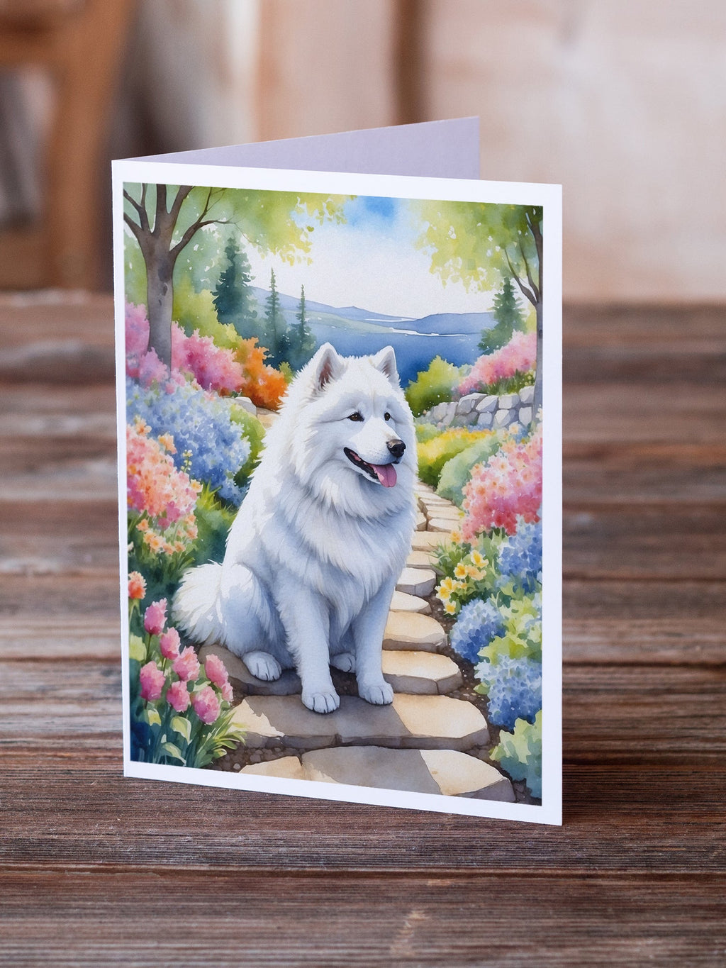 Samoyed Spring Path Greeting Cards Pack of 8 Blank Cards with Envelopes Whimsical A7 Size 5x7