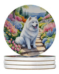 Samoyed Spring Path Large Sandstone Coasters Pack of 4 Absorbent Round Coasters Decor Gifts for Men or Women, 4 in, Multicolor