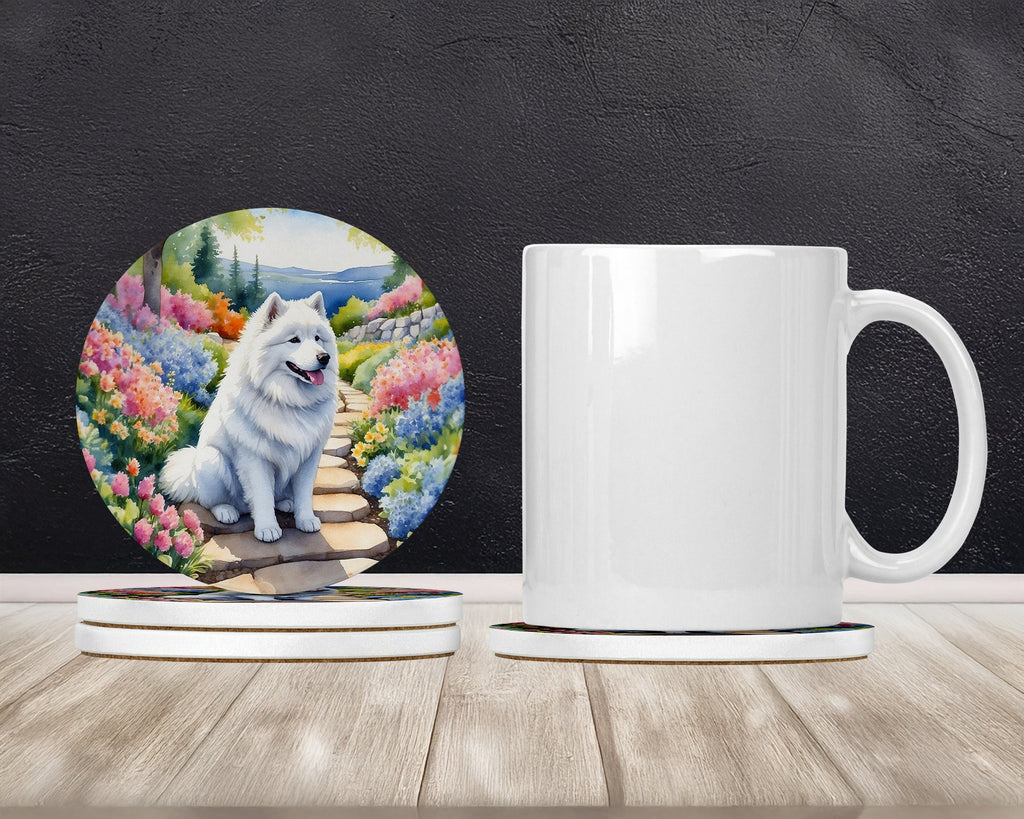 Samoyed Spring Path Large Sandstone Coasters Pack of 4 Absorbent Round Coasters Decor Gifts for Men or Women, 4 in, Multicolor