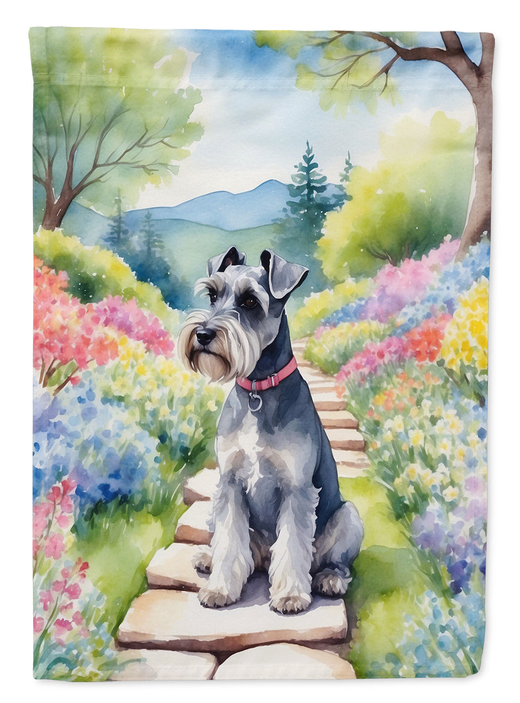 Schnauzer Spring Path House Flag 28x40 Porch Sleeve Pole Decorative Outside Yard Banner Artwork Wall Hanging, Polyester