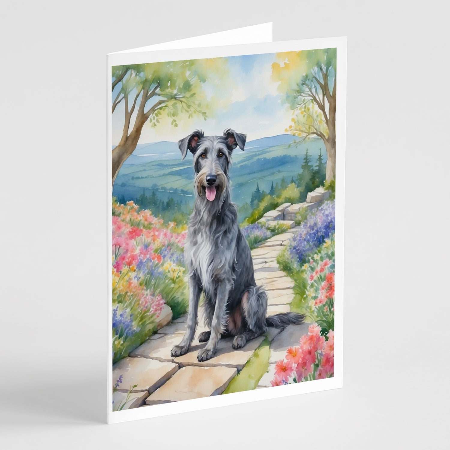 Scottish Deerhound Spring Path Greeting Cards Pack of 8 Blank Cards with Envelopes Whimsical A7 Size 5x7