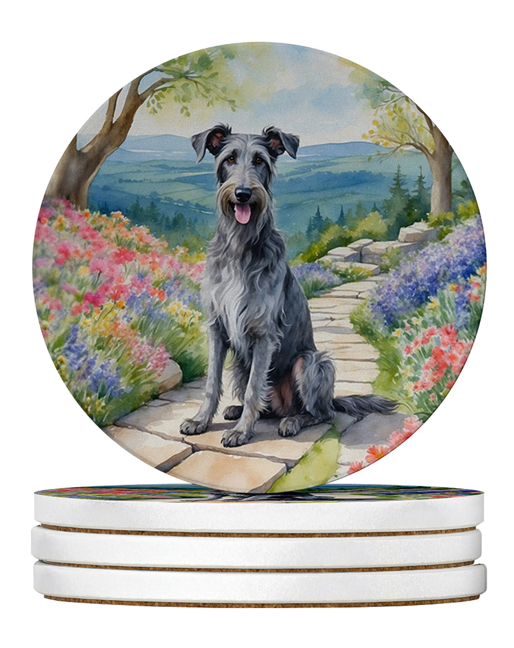 Scottish Deerhound Spring Path Large Sandstone Coasters Pack of 4 Absorbent Round Coasters Decor Gifts for Men or Women, 4 in, Multicolor