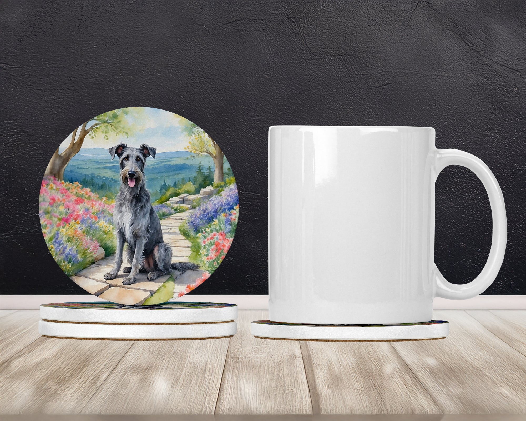 Scottish Deerhound Spring Path Large Sandstone Coasters Pack of 4 Absorbent Round Coasters Decor Gifts for Men or Women, 4 in, Multicolor