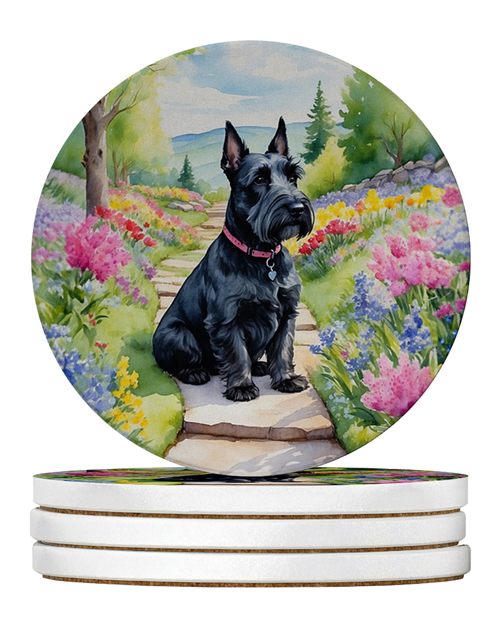 Scottish Terrier Spring Path Large Sandstone Coasters Pack of 4 Absorbent Round Coasters Decor Gifts for Men or Women, 4 in, Multicolor