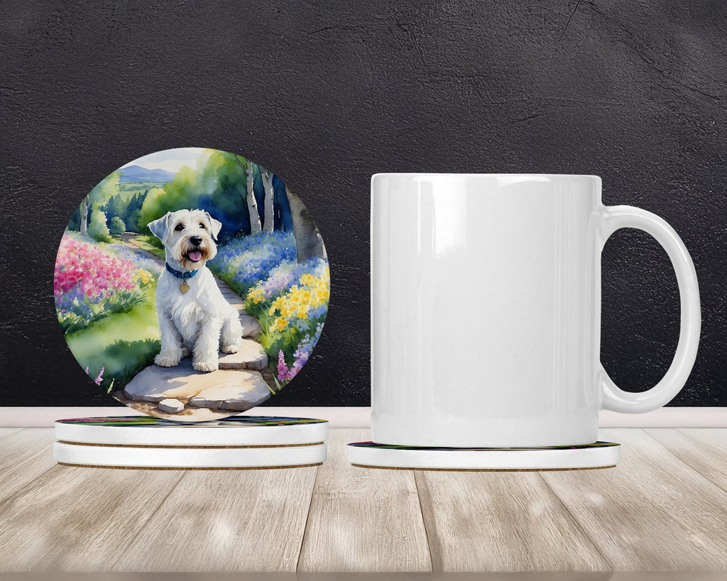 Sealyham Terrier Spring Path Large Sandstone Coasters Pack of 4 Absorbent Round Coasters Decor Gifts for Men or Women, 4 in, Multicolor