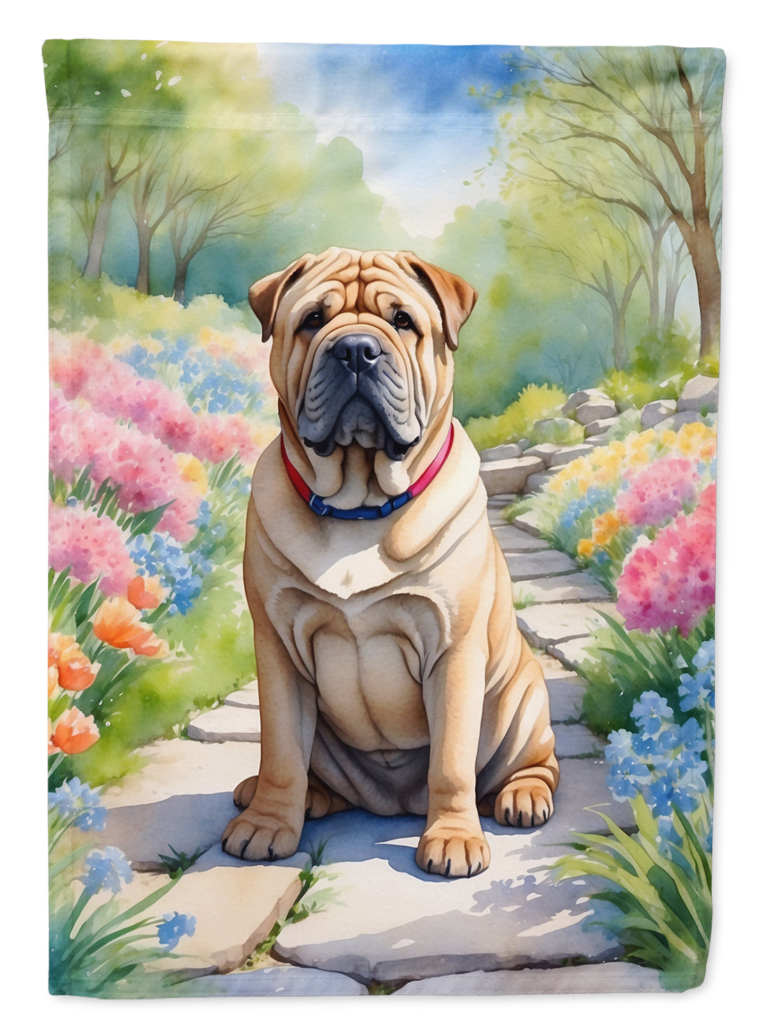 Shar Pei Spring Path House Flag 28x40 Porch Sleeve Pole Decorative Outside Yard Banner Artwork Wall Hanging, Polyester