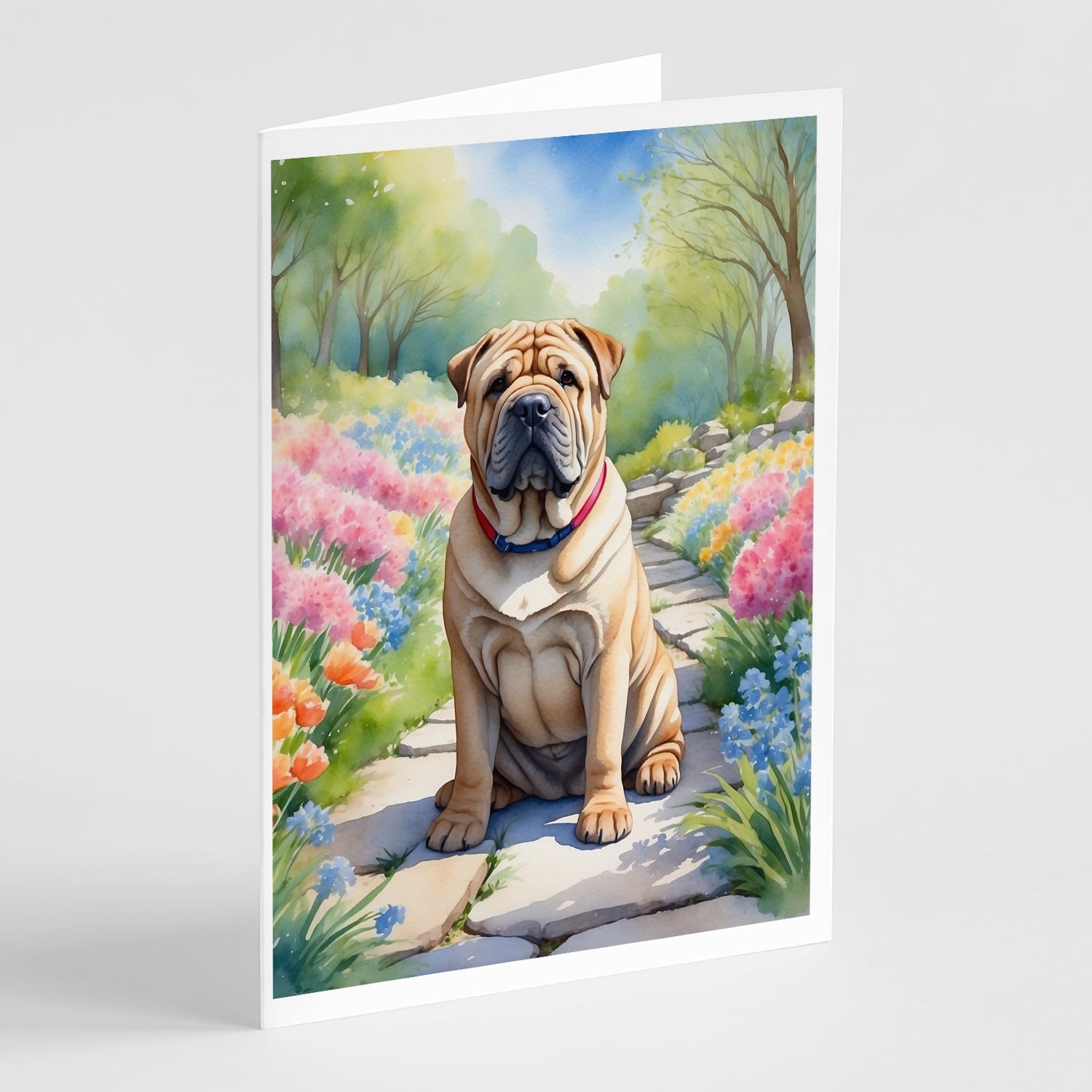Shar Pei Spring Path Greeting Cards Pack of 8 Blank Cards with Envelopes Whimsical A7 Size 5x7