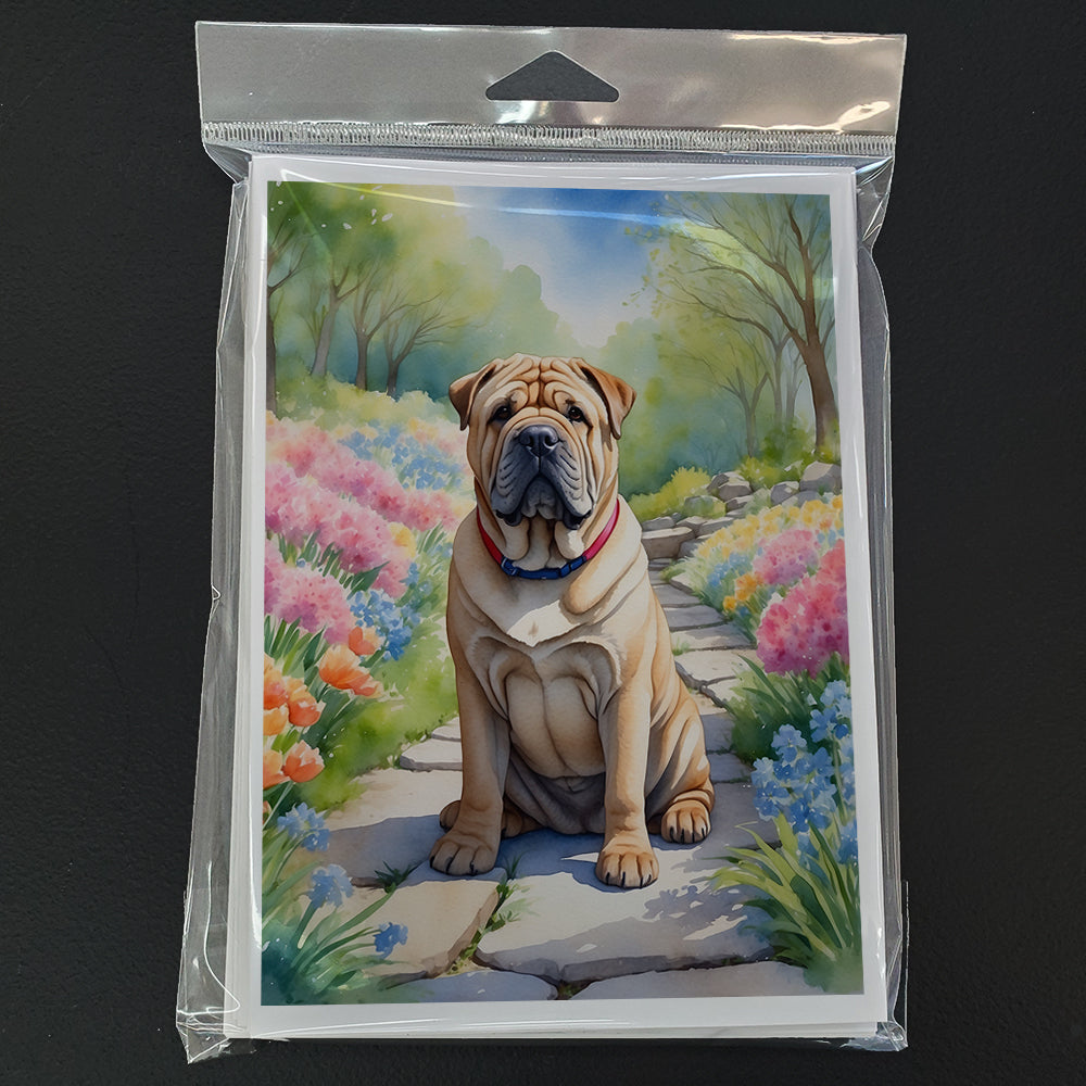 Shar Pei Spring Path Greeting Cards Pack of 8 Blank Cards with Envelopes Whimsical A7 Size 5x7
