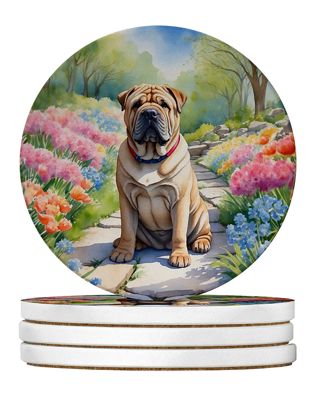 Shar Pei Spring Path Large Sandstone Coasters Pack of 4 Absorbent Round Coasters Decor Gifts for Men or Women, 4 in, Multicolor