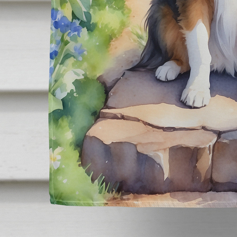 Sheltie Spring Path House Flag 28x40 Porch Sleeve Pole Decorative Outside Yard Banner Artwork Wall Hanging, Polyester