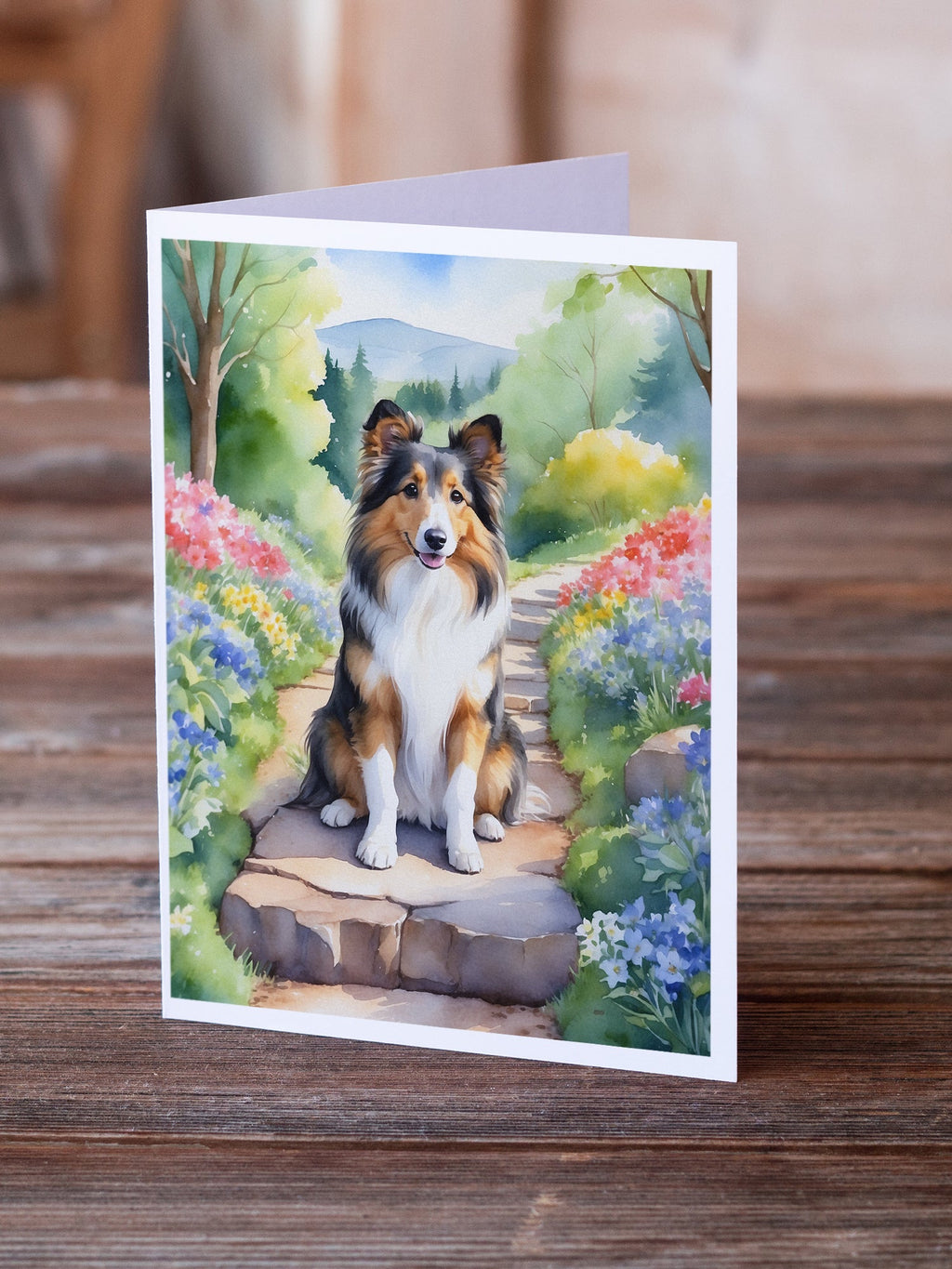 Sheltie Spring Path Greeting Cards Pack of 8 Blank Cards with Envelopes Whimsical A7 Size 5x7