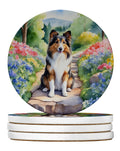 Sheltie Spring Path Large Sandstone Coasters Pack of 4 Absorbent Round Coasters Decor Gifts for Men or Women, 4 in, Multicolor