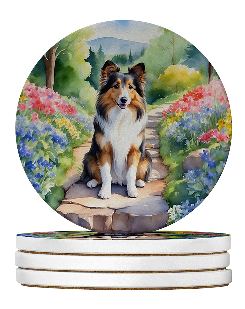 Sheltie Spring Path Large Sandstone Coasters Pack of 4 Absorbent Round Coasters Decor Gifts for Men or Women, 4 in, Multicolor