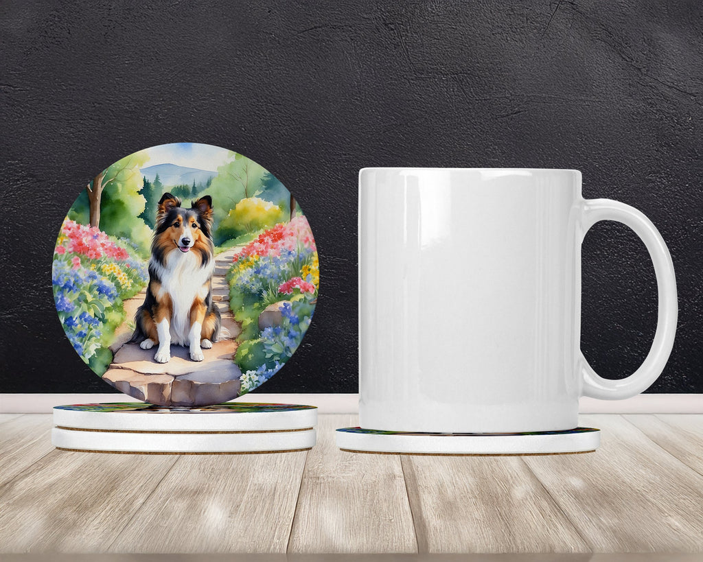 Sheltie Spring Path Large Sandstone Coasters Pack of 4 Absorbent Round Coasters Decor Gifts for Men or Women, 4 in, Multicolor