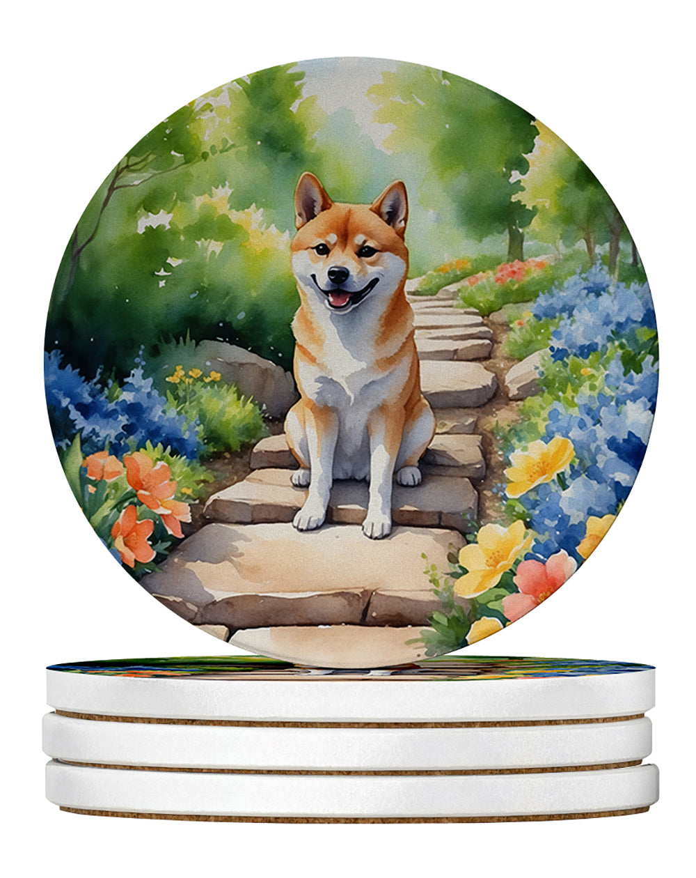Shiba Inu Spring Path Large Sandstone Coasters Pack of 4 Absorbent Round Coasters Decor Gifts for Men or Women, 4 in, Multicolor