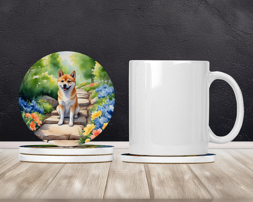 Shiba Inu Spring Path Large Sandstone Coasters Pack of 4 Absorbent Round Coasters Decor Gifts for Men or Women, 4 in, Multicolor