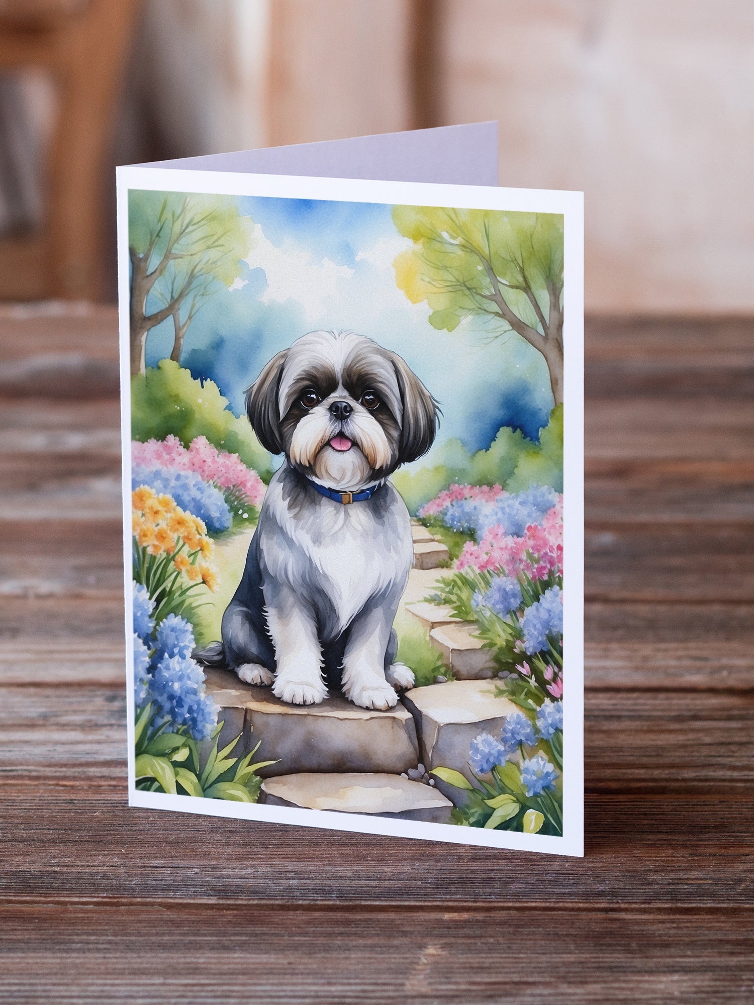 Shih Tzu Spring Path Greeting Cards Pack of 8 Blank Cards with Envelopes Whimsical A7 Size 5x7