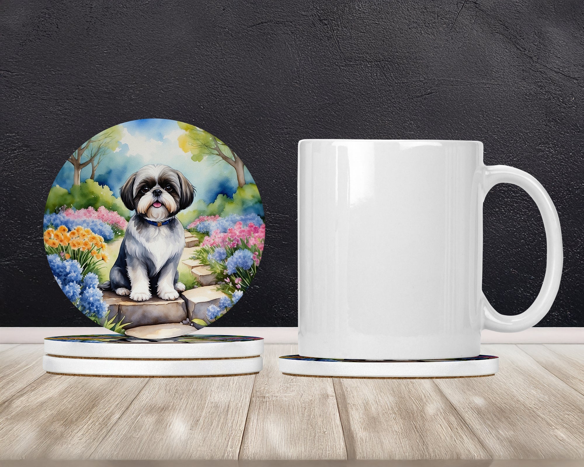 Shih Tzu Spring Path Large Sandstone Coasters Pack of 4 Absorbent Round Coasters Decor Gifts for Men or Women, 4 in, Multicolor